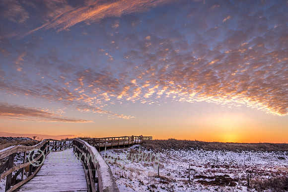 Sunrise, snow and sand dunes, Plum Island, MA